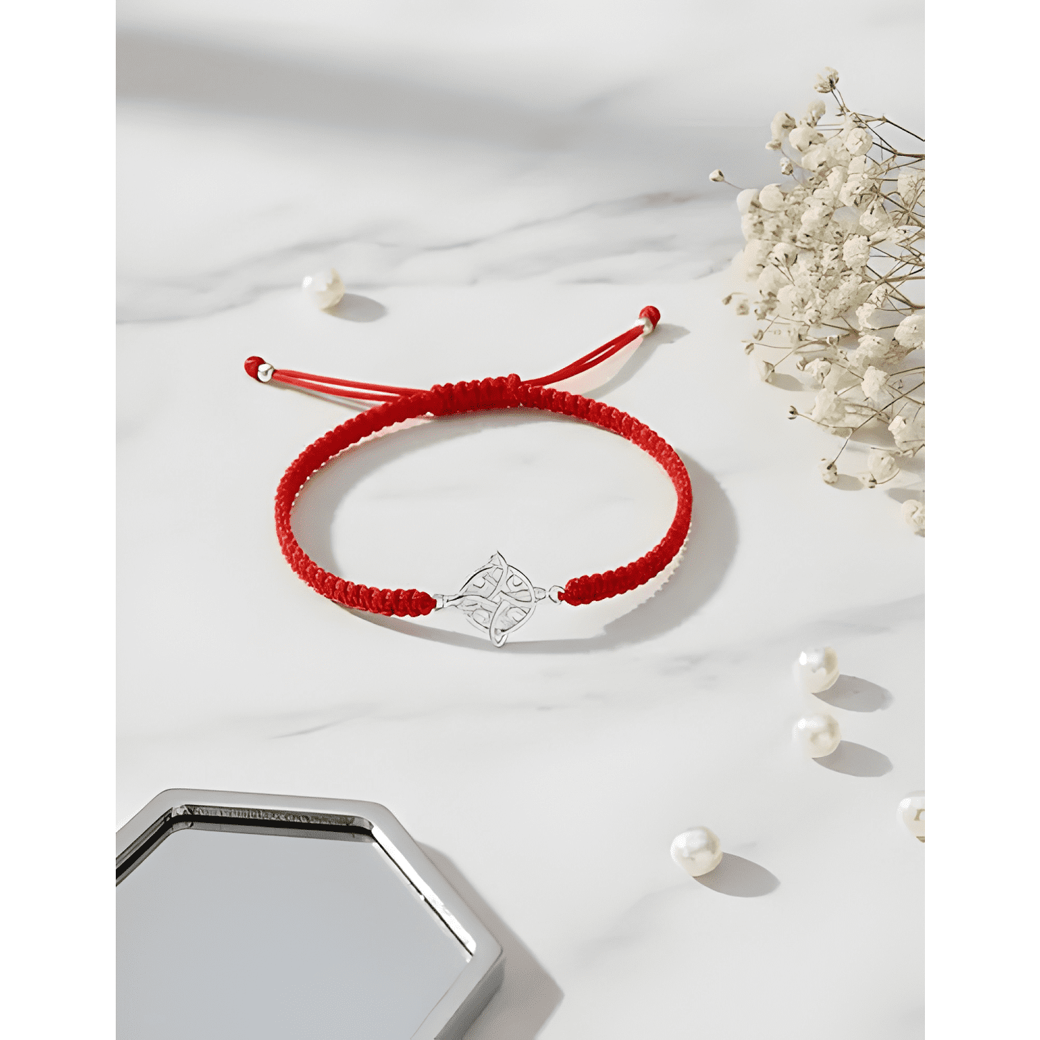 Pulsera hilo nudo de brujas y luna plata 925 protección Rojo-4