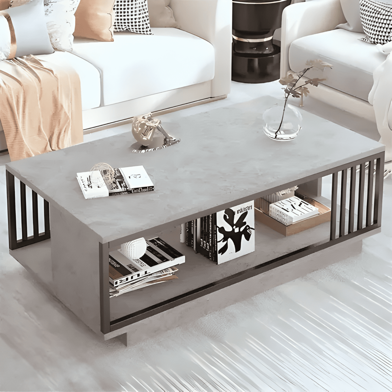 Mesa De Centro Industrial Rectangular Con 2 Niveles Gris #4-1