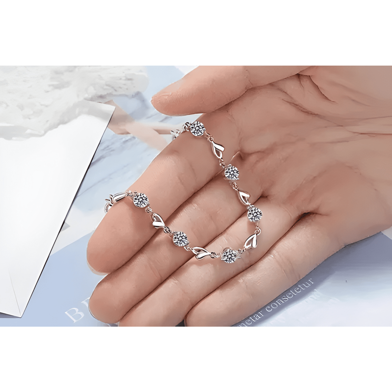 Pulsera plata 925 corazones y cristales fino regalo #3-4