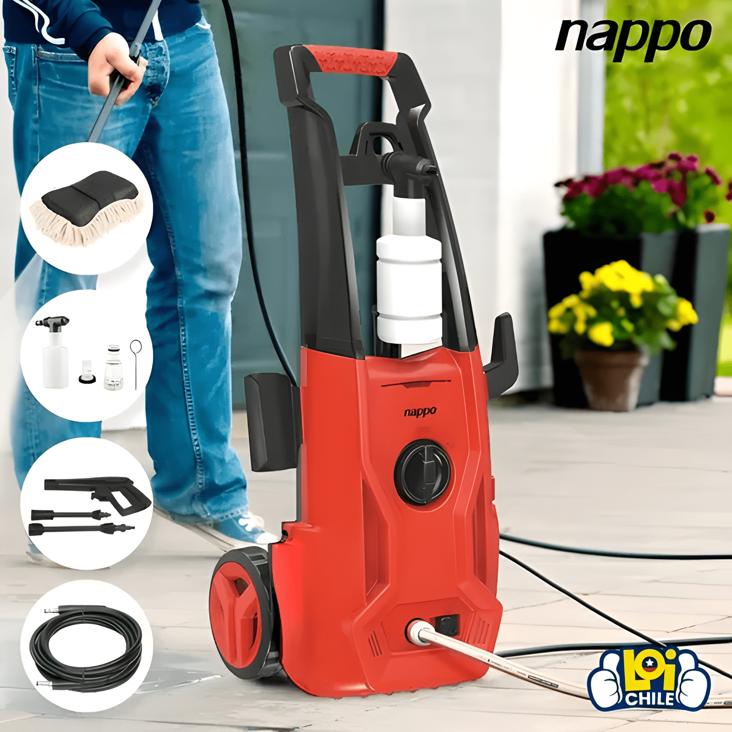 Hidrolavadora Nappo 1800w con Jabonera 5mts Manguera Rojo #2-4
