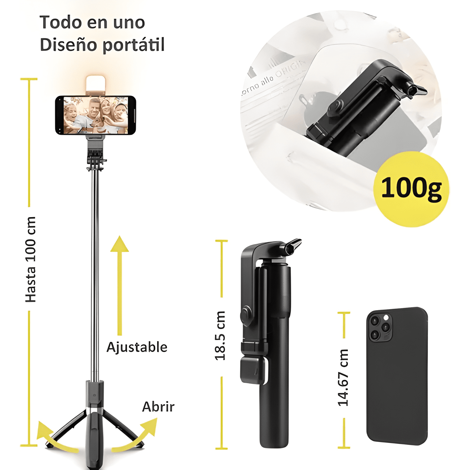 Trípode De Palo Selfie Para Móvil 1m Luz Control #1-4