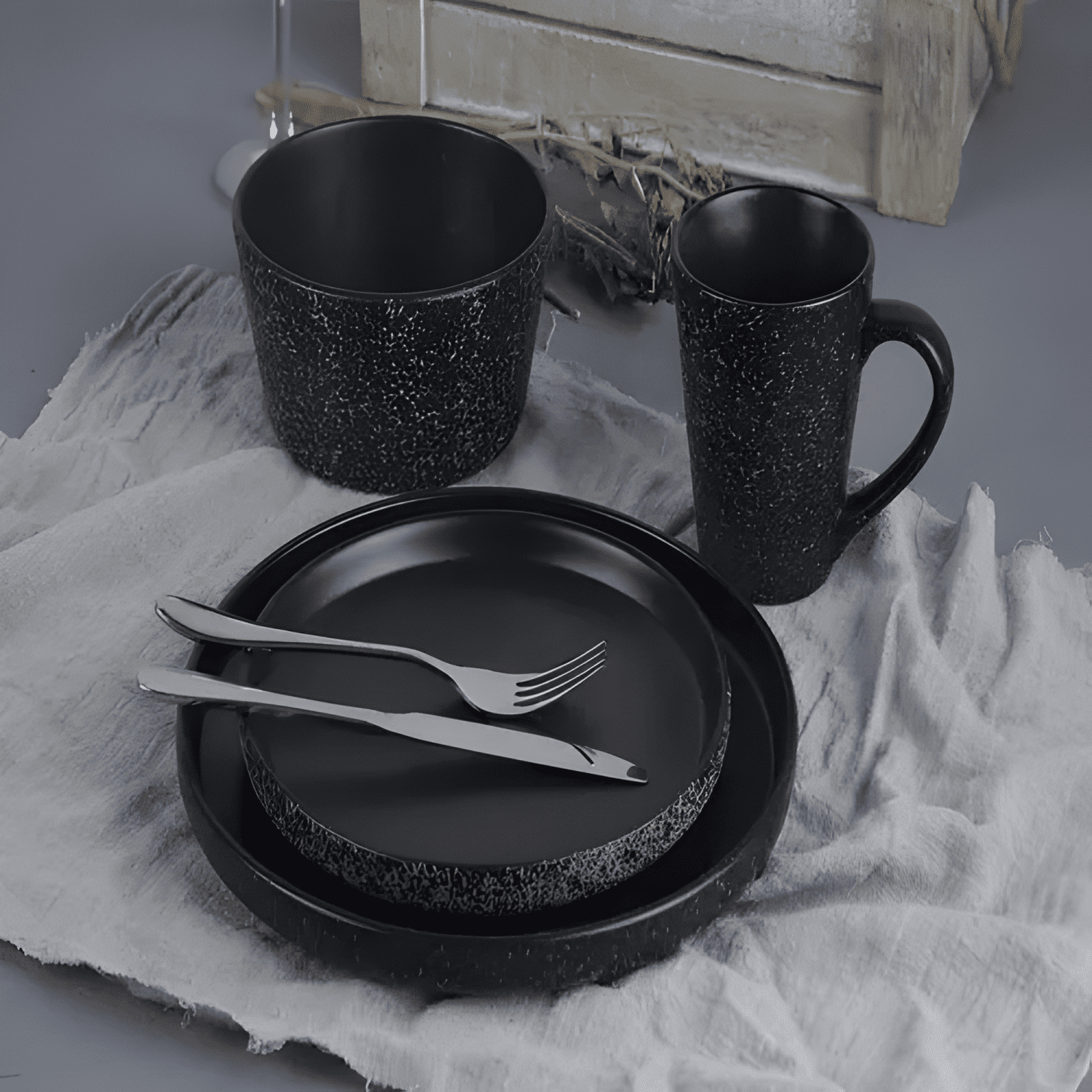 Juego loza 16 piezas cerámica mármol platos tazas Negro-1