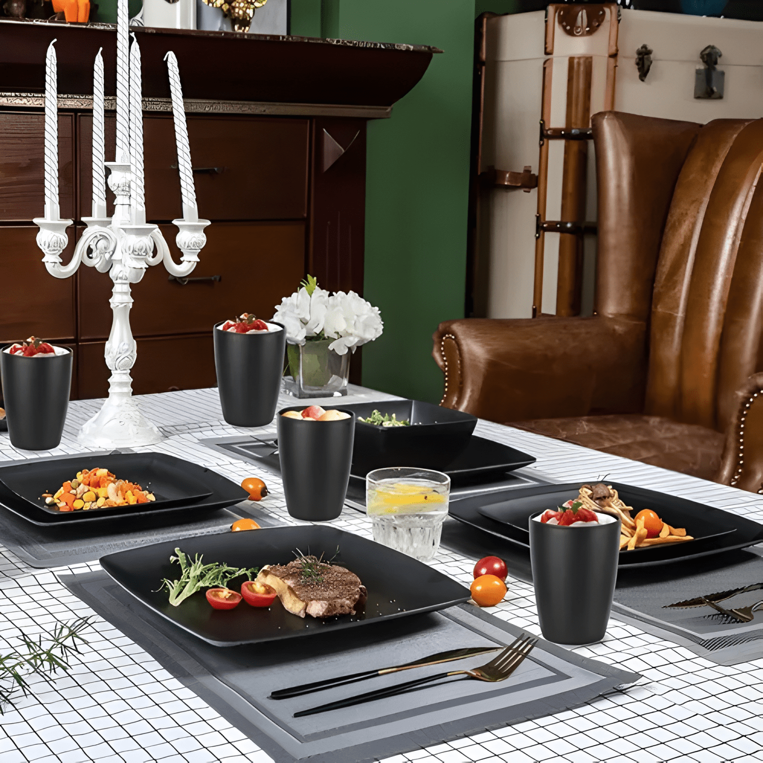 Cuadrada vajilla juego cocina paja trigo plato tazas kit #7-2