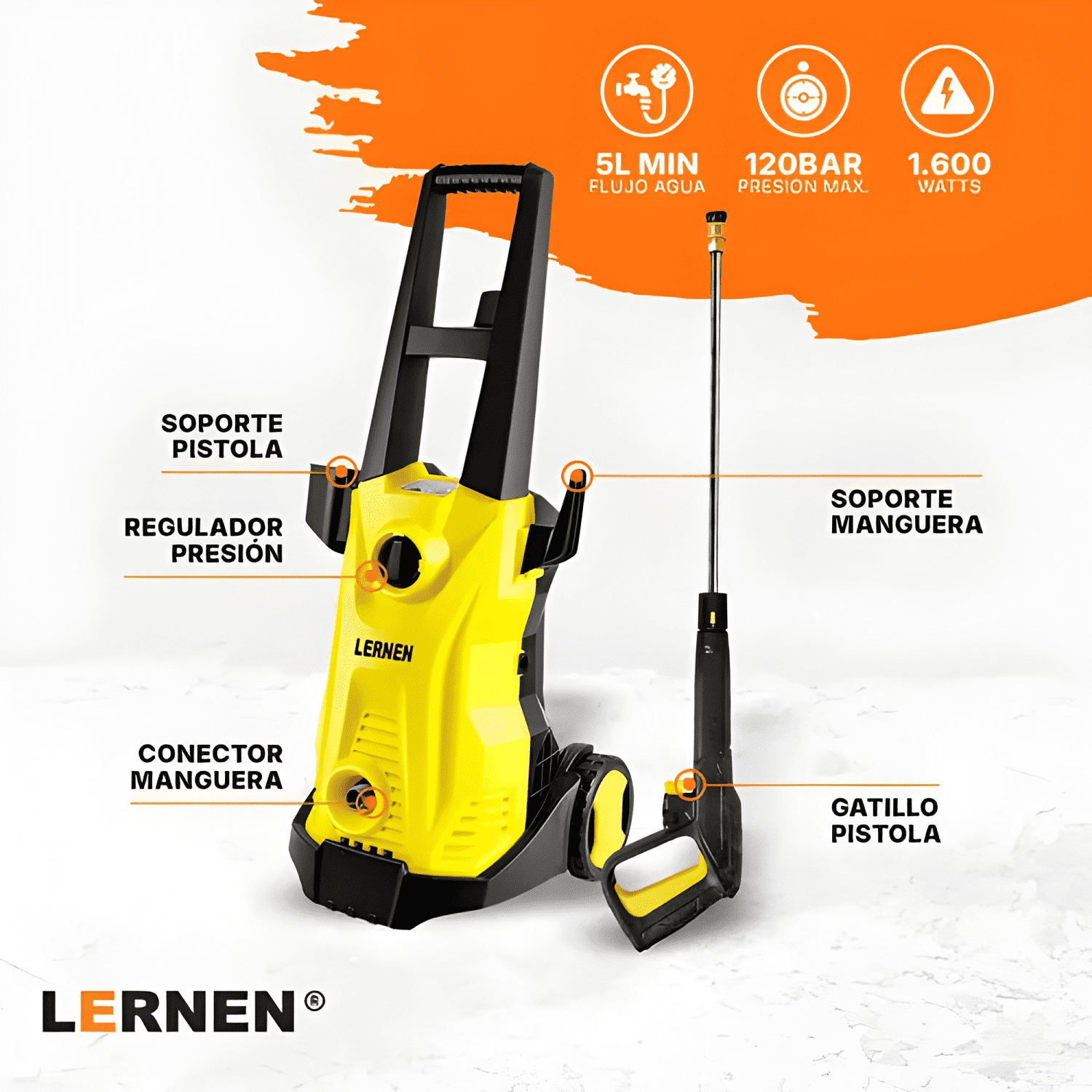 Hidrolavadora Lernen 1600w Con Jabonera Espumador 120 Bar-3