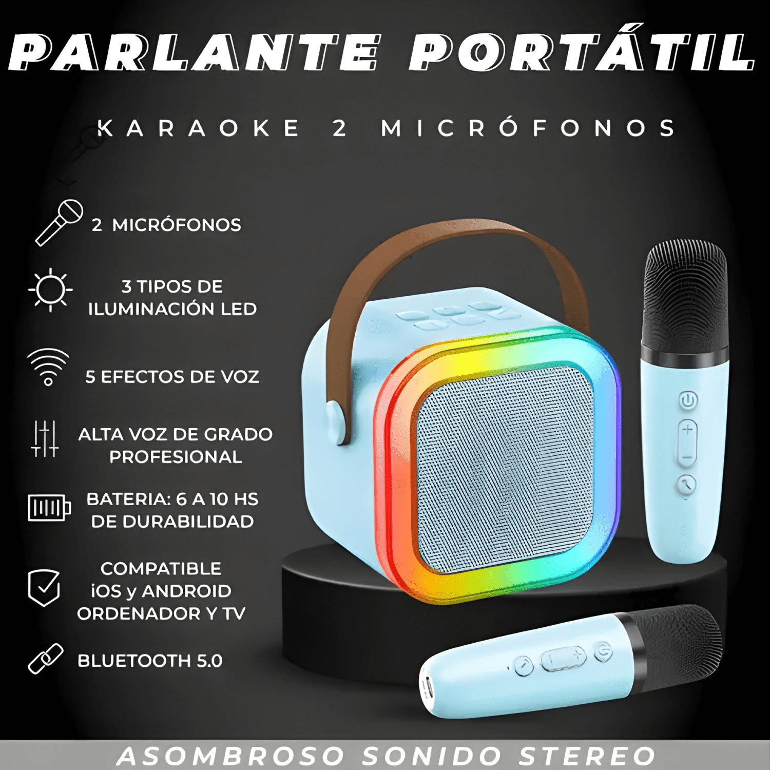 Parlante karaoke rgb k12 portátil 10w inalámbrico Celeste-1
