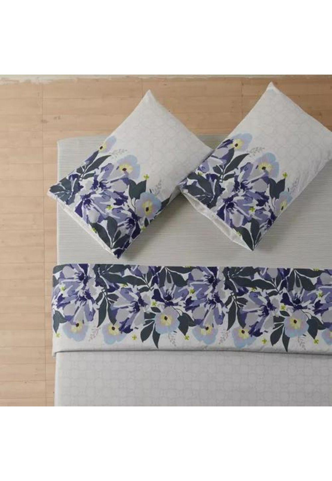 Juego de sábanas estampadas ultra suave + funda almohada, 1.5 plazas, flores azules-0