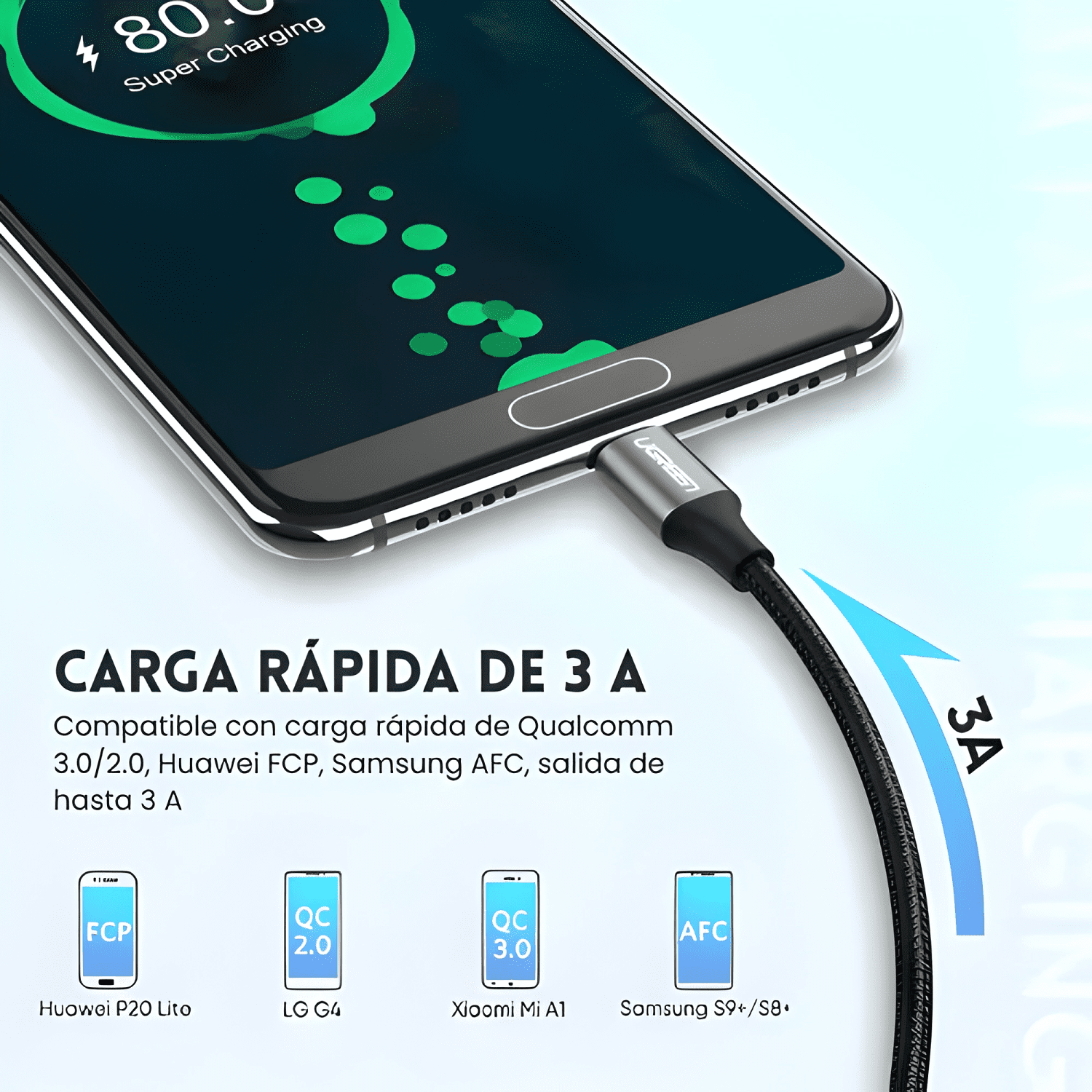 Cable USB-C a usb-a trenzado de carga rápida 3a, 1.5 Negro-4