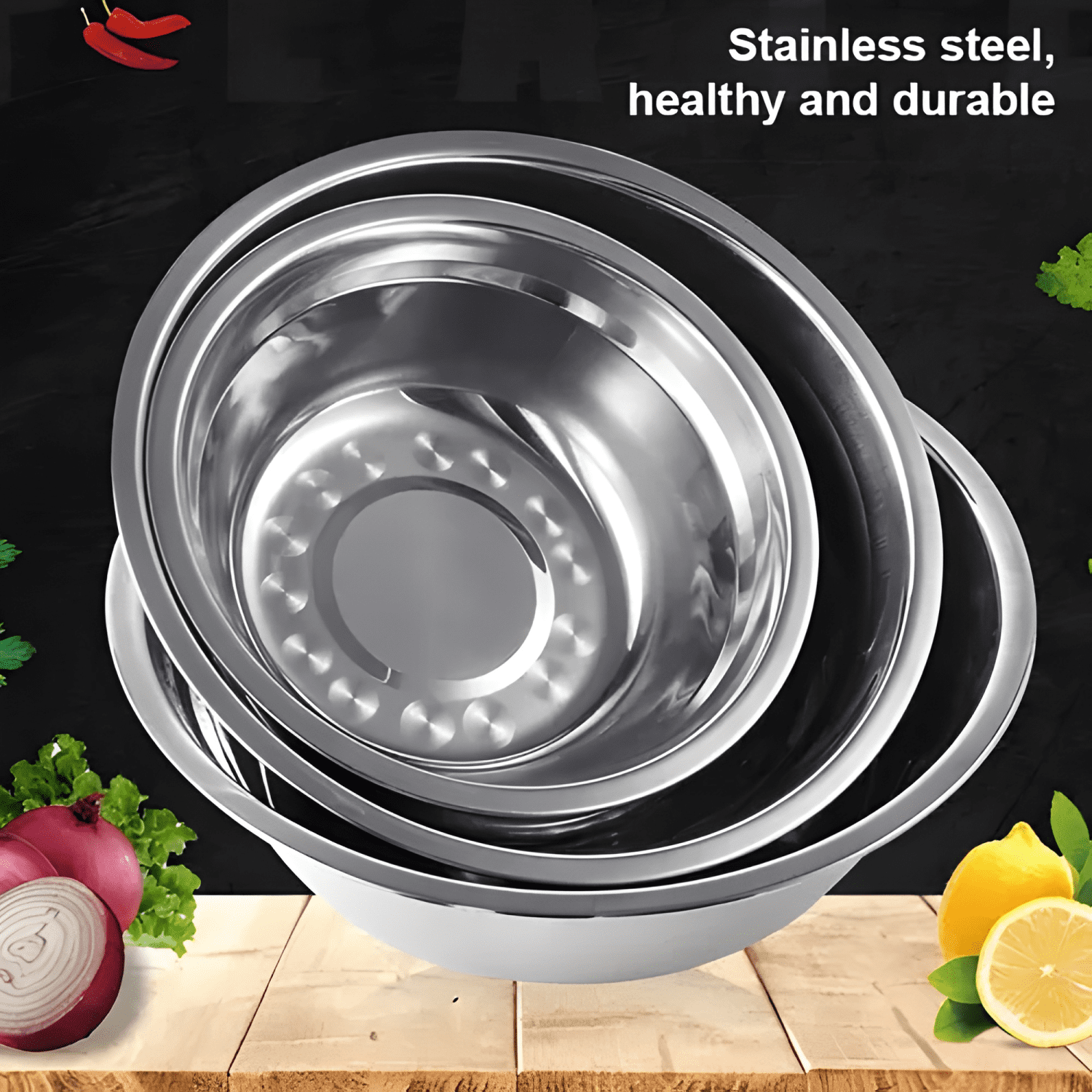 Set 3 bowls ensalada acero inoxidable 18cm repostería #3-4