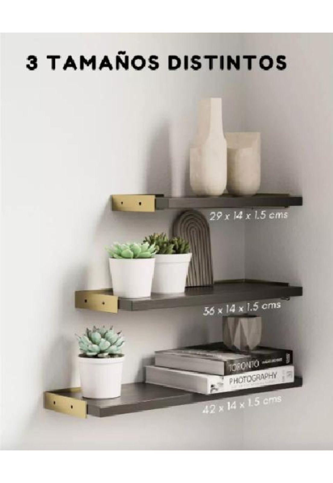 Repisas Flotantes de Madera Multipropósito Kit 3 Negro con Dorado-2