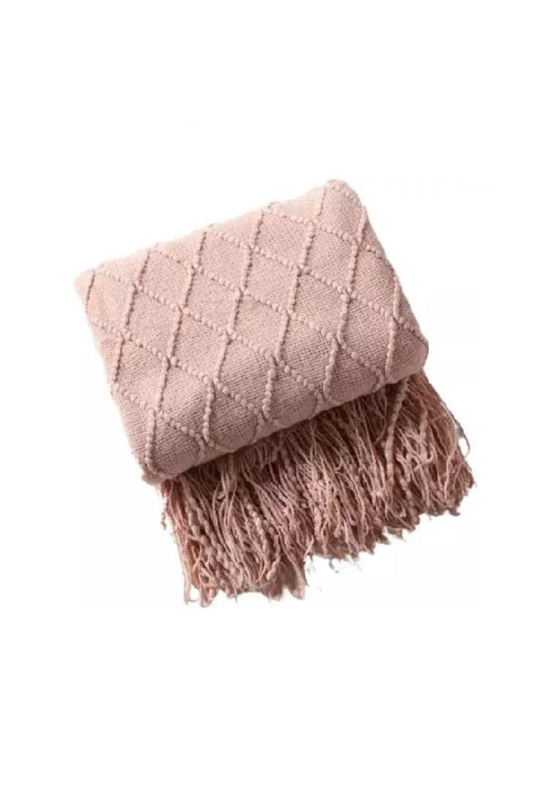 Manta decorativa tejida para sillón, piecera o cama color rosa-0