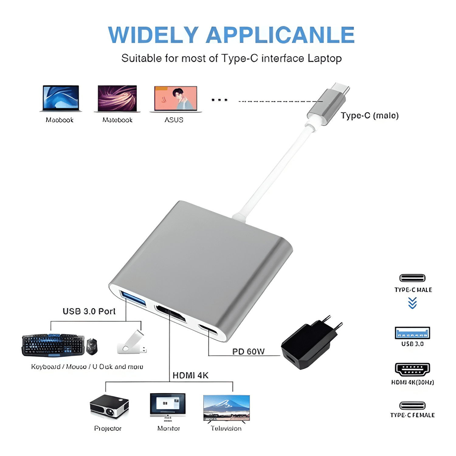 Adaptador hub 3 en 1 USB a USB-C HDMI USB 3.0 4K #16-3