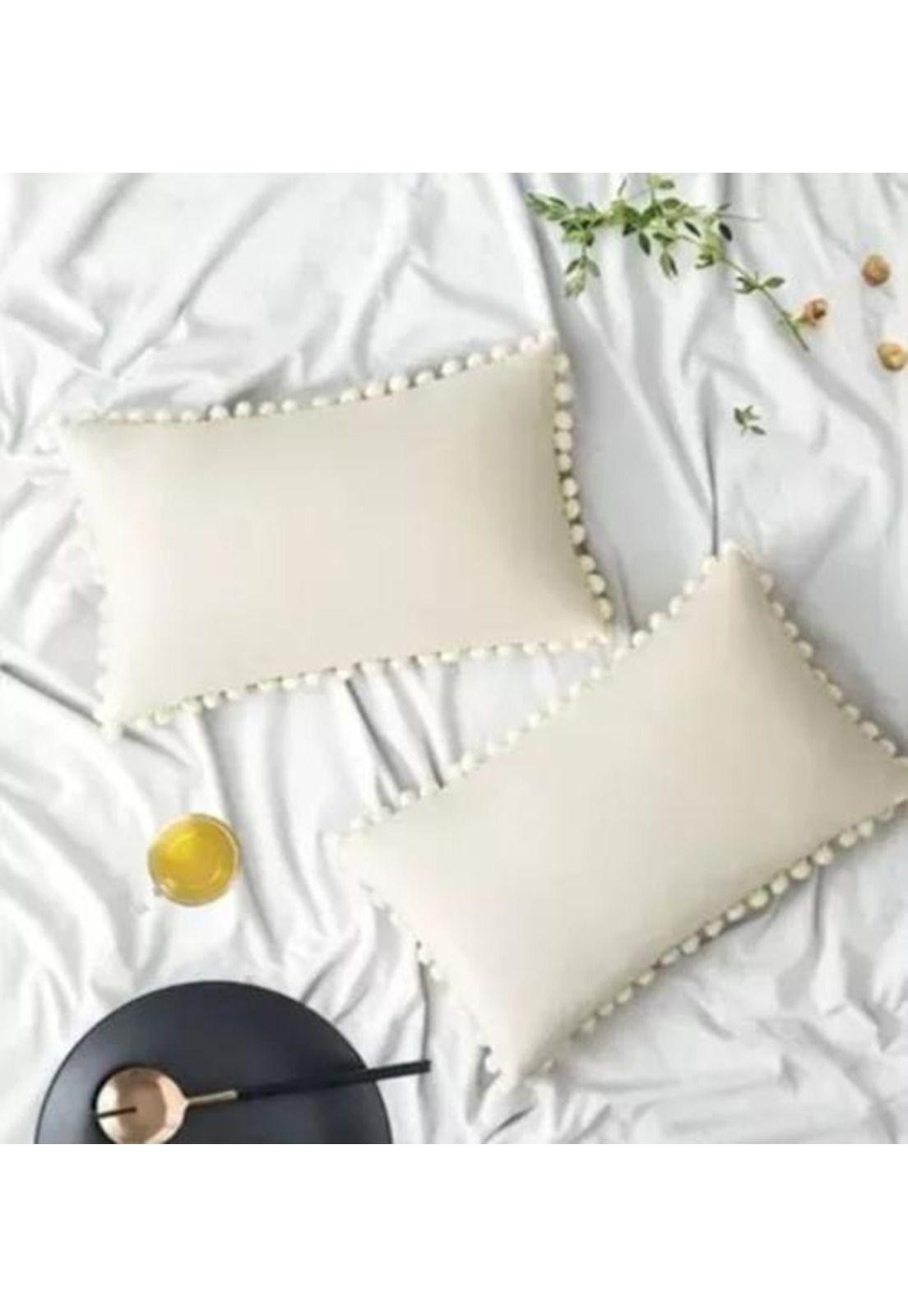 Pack de 2 Fundas de Cojín Terciopelo con Pompones 30x50 cm Blanco-0