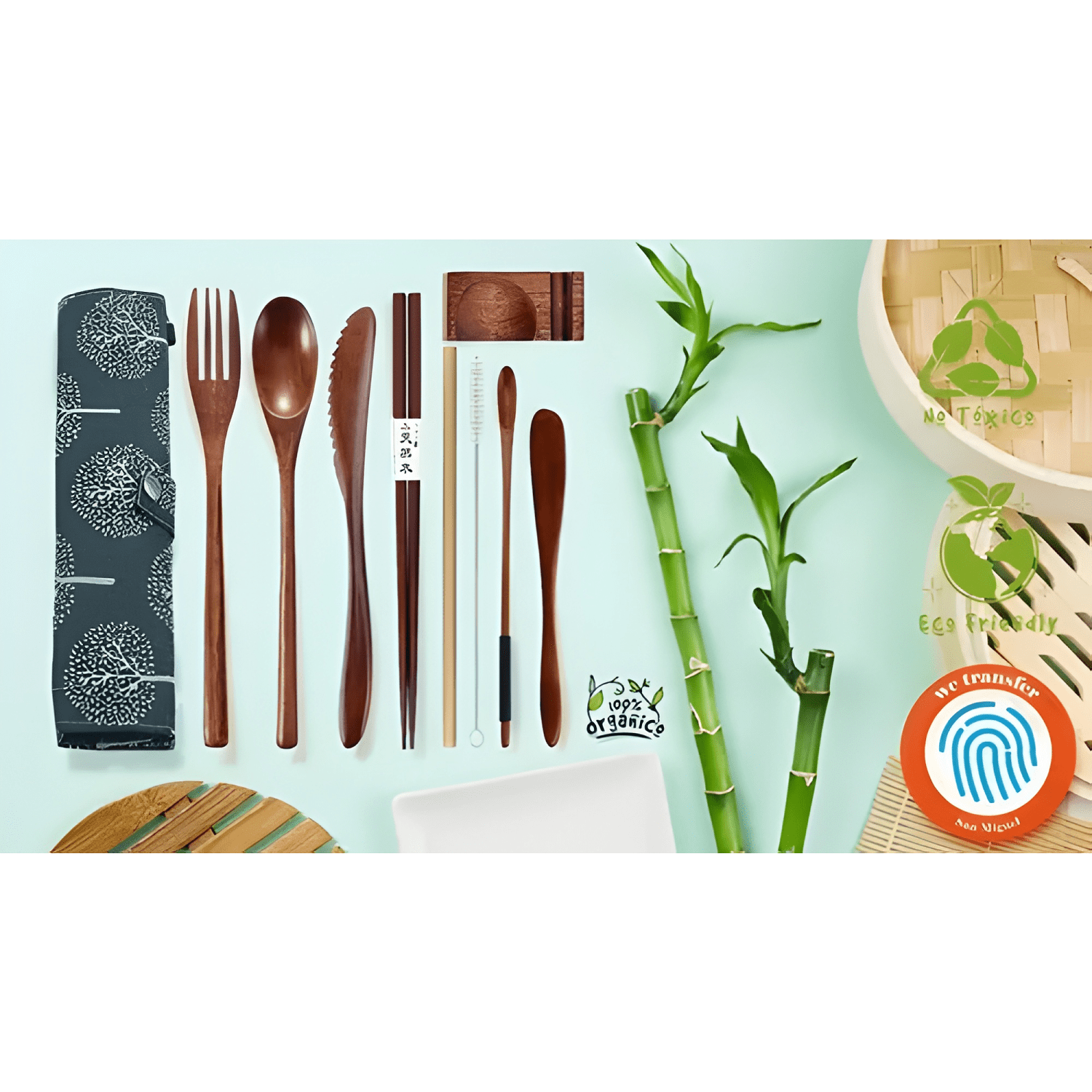 Set cubiertos premium de bambú reutilizables para viajes-2
