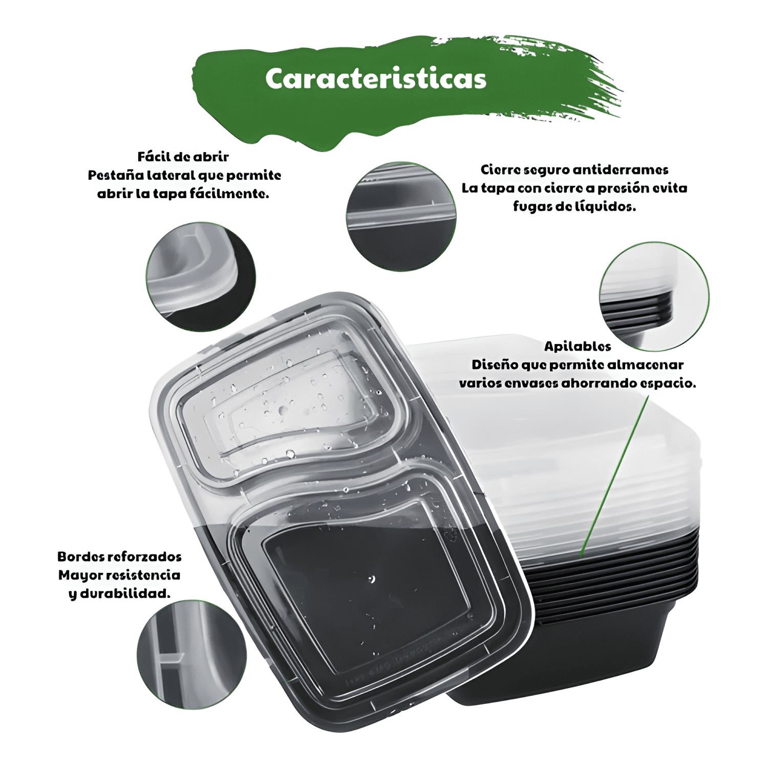 Envase meal prep 2 compartimentos reutilizable 710 ml 10u-2
