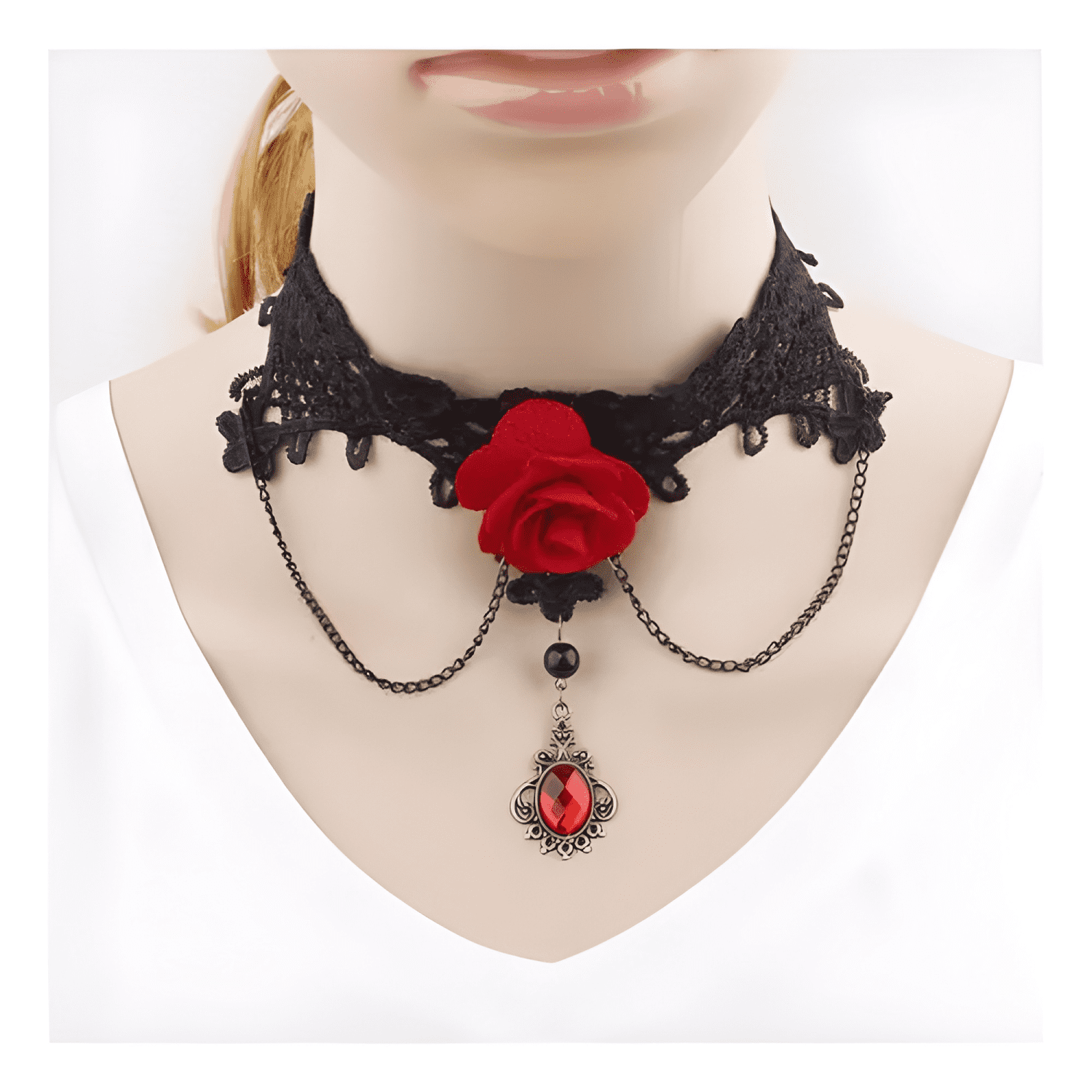 Conjuntocollar pulsera arete mujer gótico encaje retro Negro-2