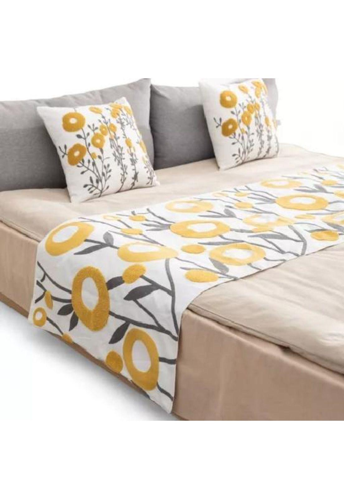 Piecera bordada + 2 fundas de cojín diseño floral 10 color blanco-1
