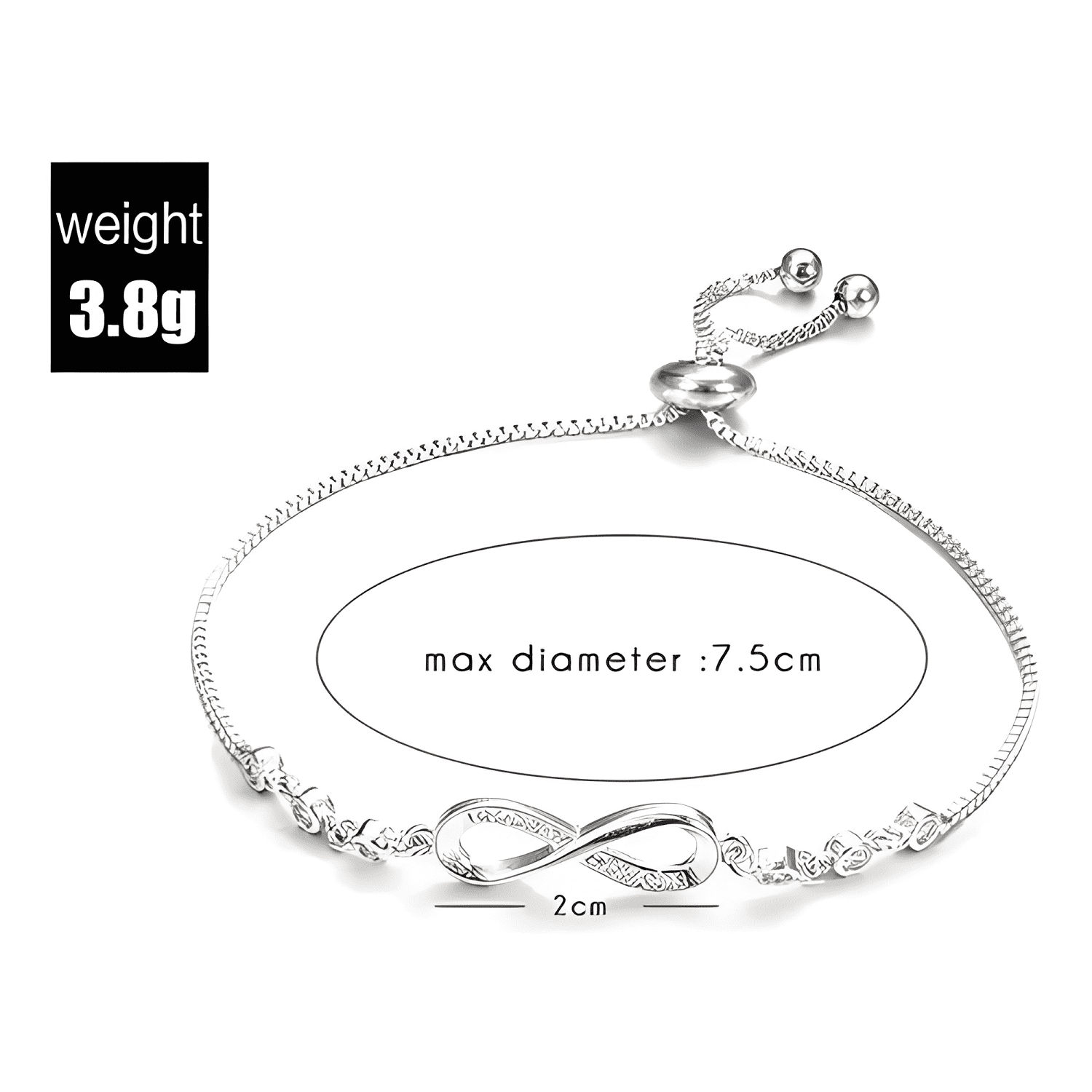 Pulsera infinito ajustable de plata ley S925 + bolsa + #5-2