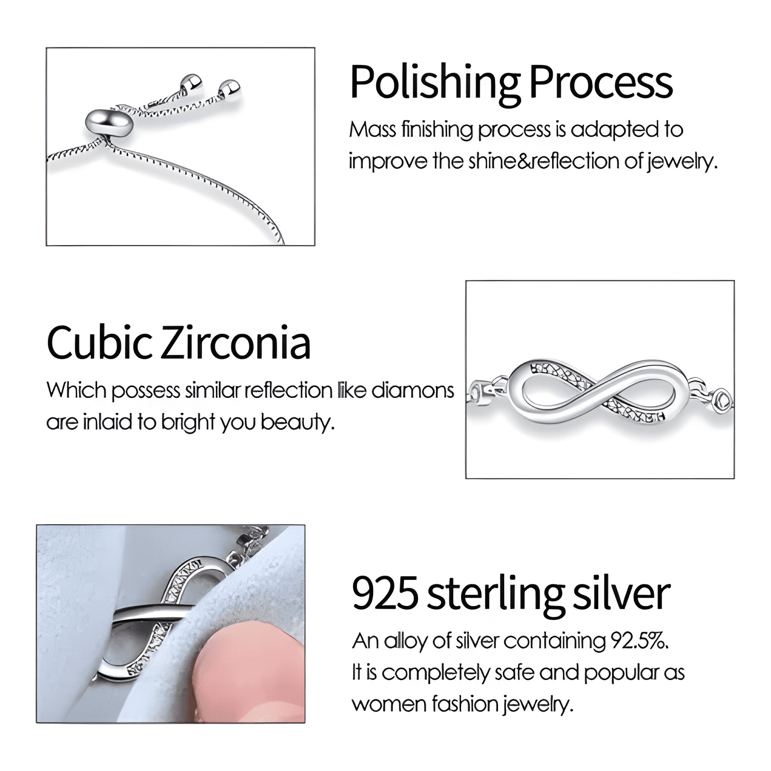 Pulsera infinito ajustable de plata ley S925 + bolsa + #5-3