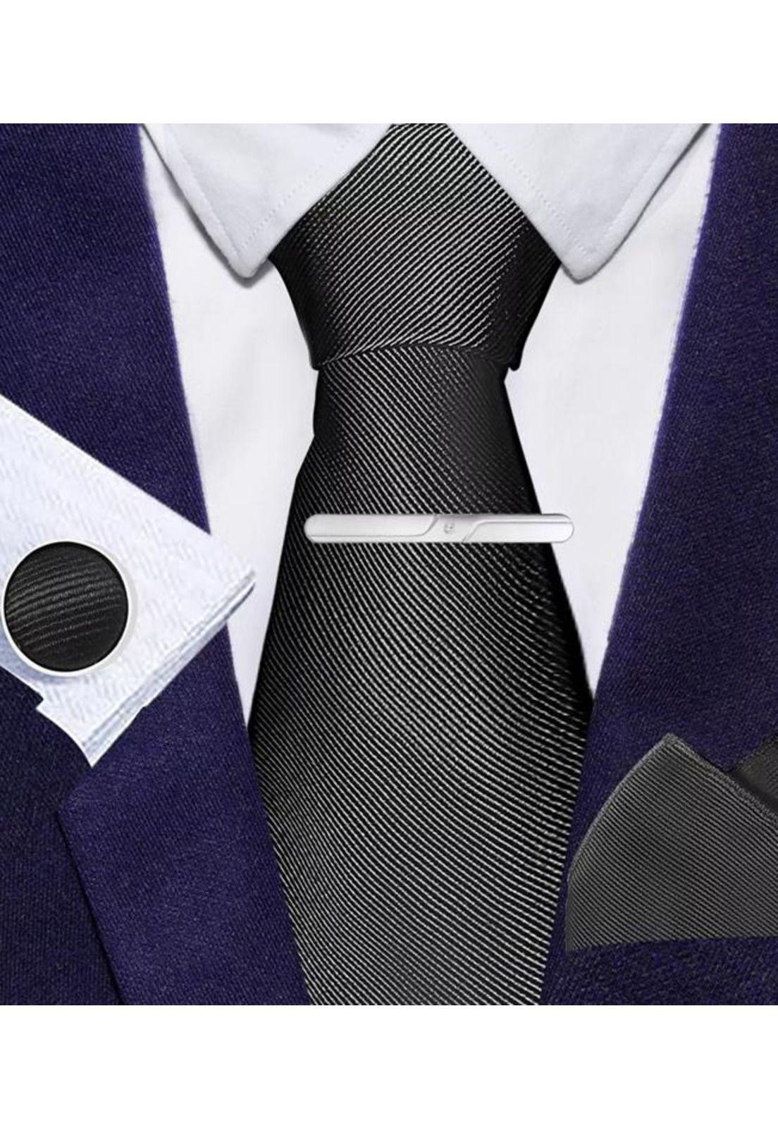 Set corbata, pañuelo seda, gemelos, clip, negro-2