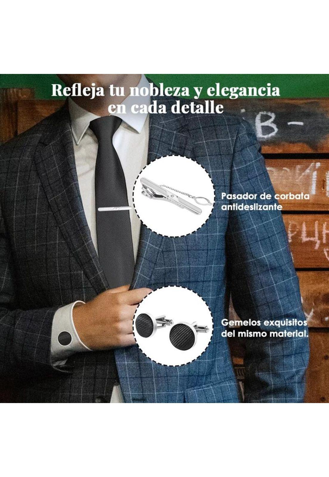 Set corbata, pañuelo seda, gemelos, clip, negro-5