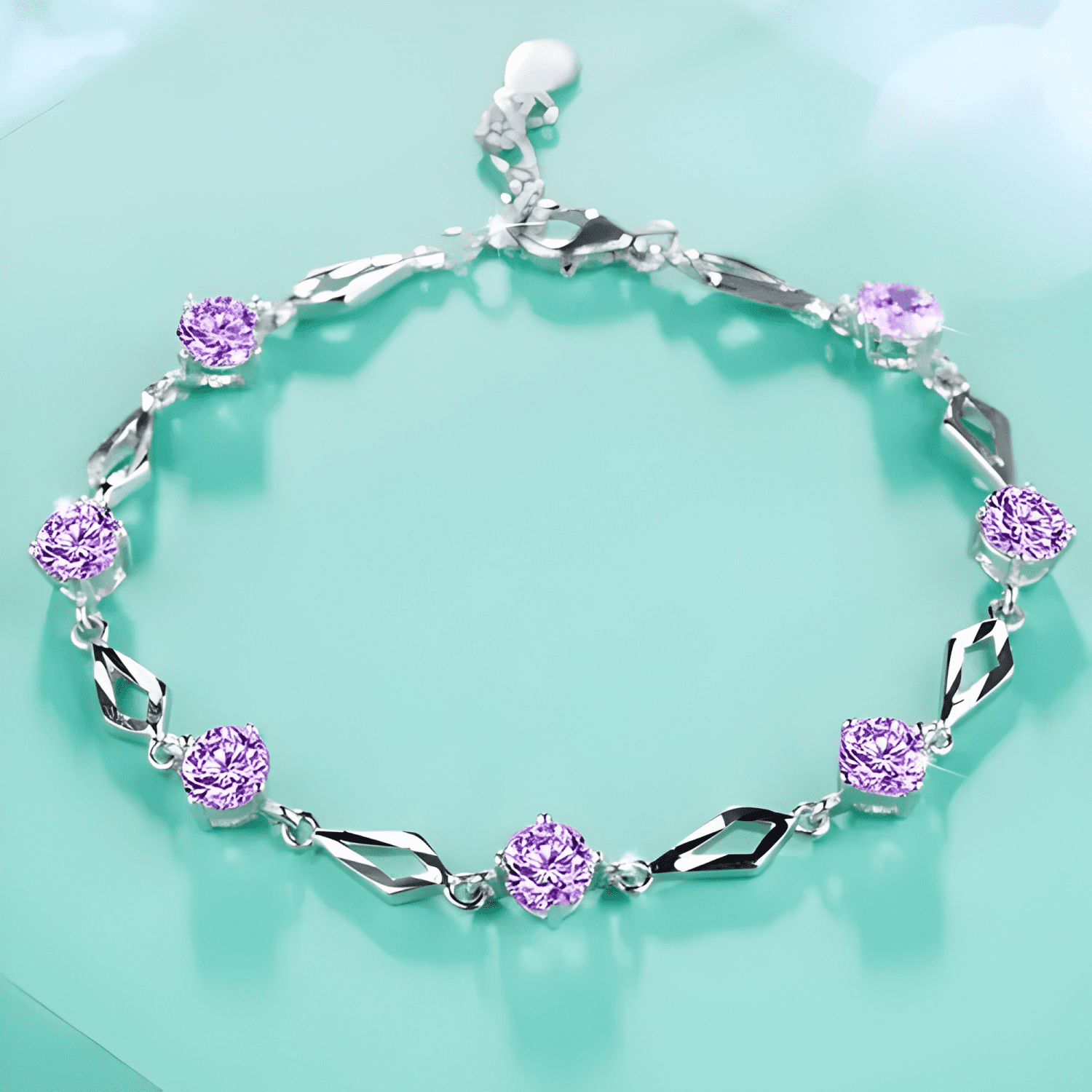 Pulsera de plata fina 925 amatista +caja redonda Lila #6-2