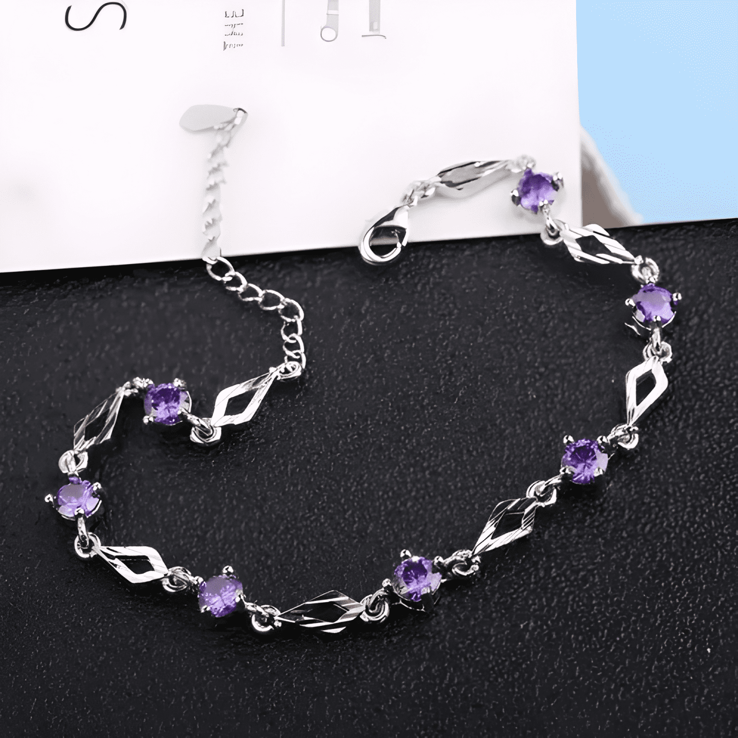 Pulsera de plata fina 925 amatista +caja redonda Lila #6-4