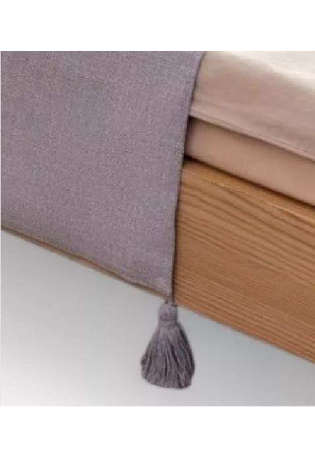 Piecera para cama 2 plaza - king en lino pompones 70x210 cm color gris claro-0