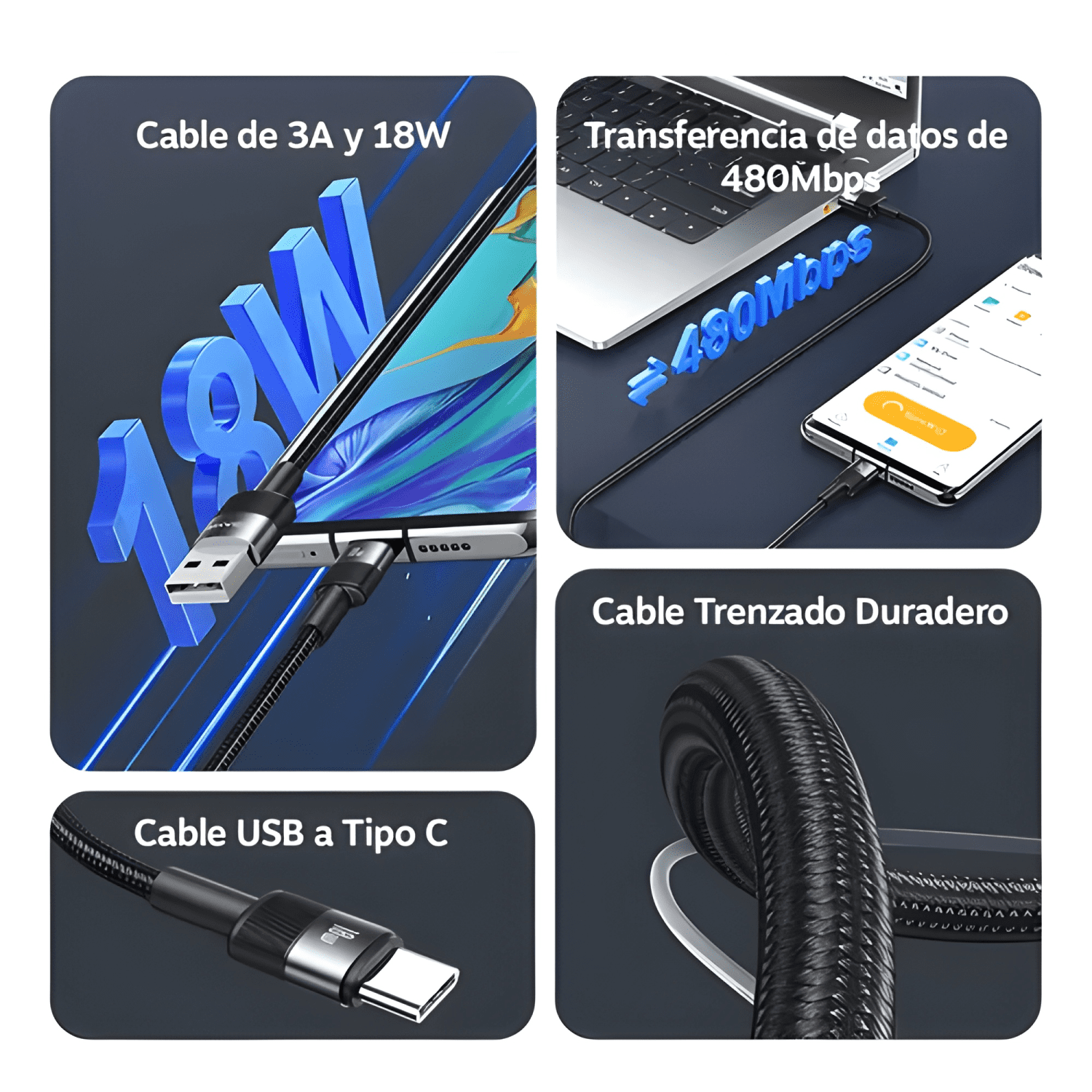 Cable USB tipo c a USB 3a 18w largo 1,2 metros Negro-2