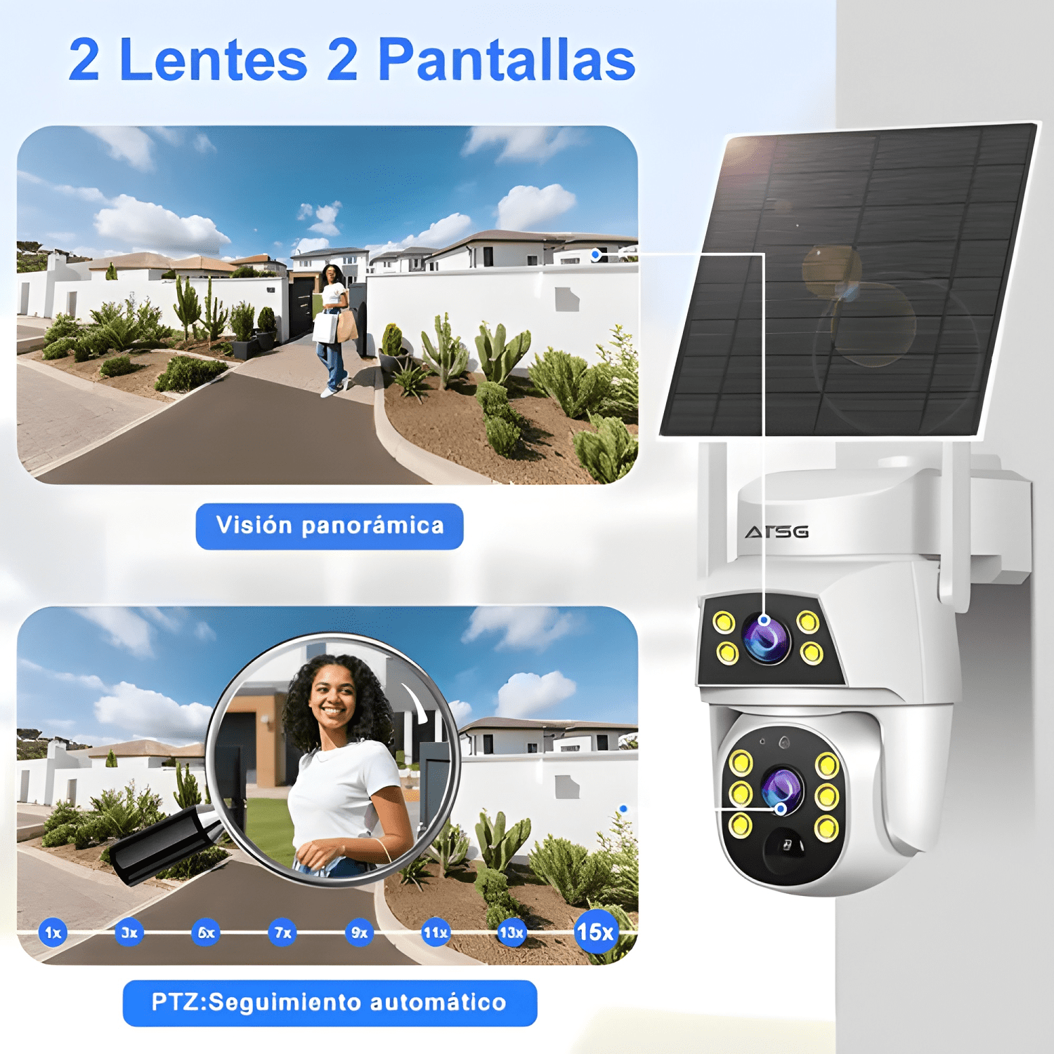 ATSG Cámara Solar Externa 2K Doble Lente 360° IP66 Visión-2