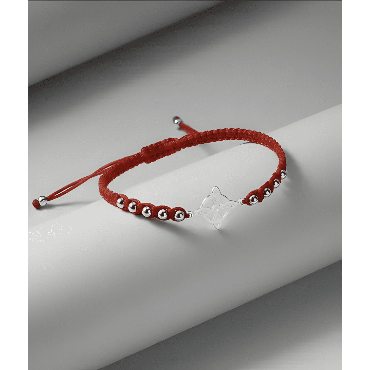 Pulsera hilo nudo de brujas plata con esferas ajustable Rojo-3