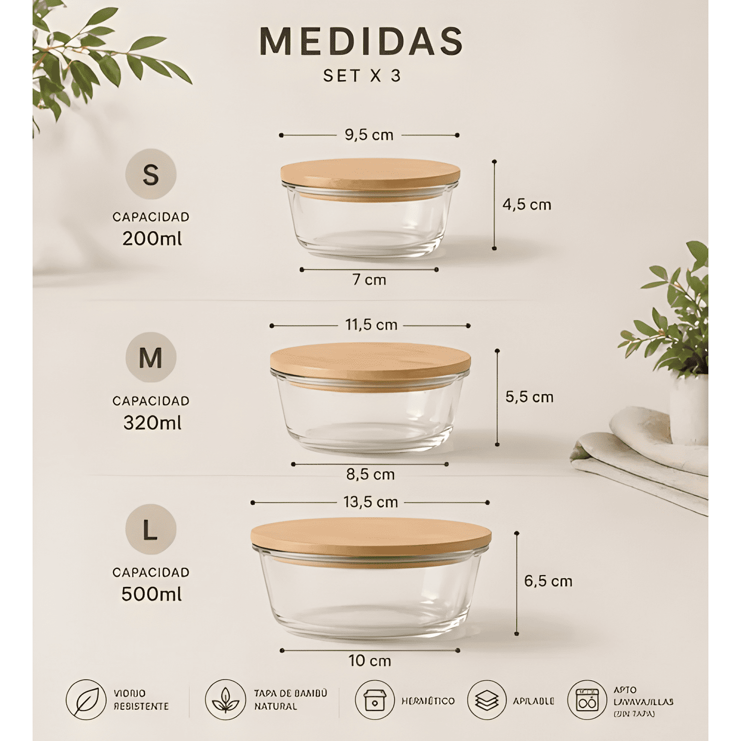 Set bowls vidrio herméticos tapa bambú 3 piezas cocina-2