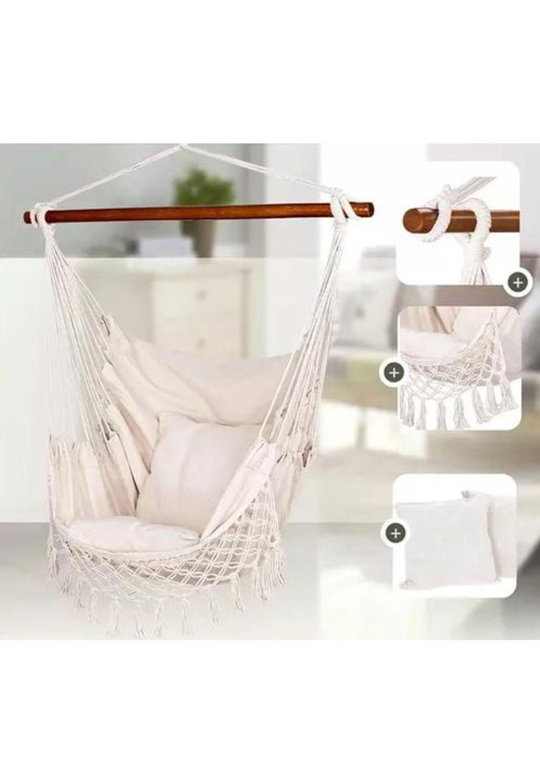 Silla hamaca colgante con soporte de madera y cojines blancos-4
