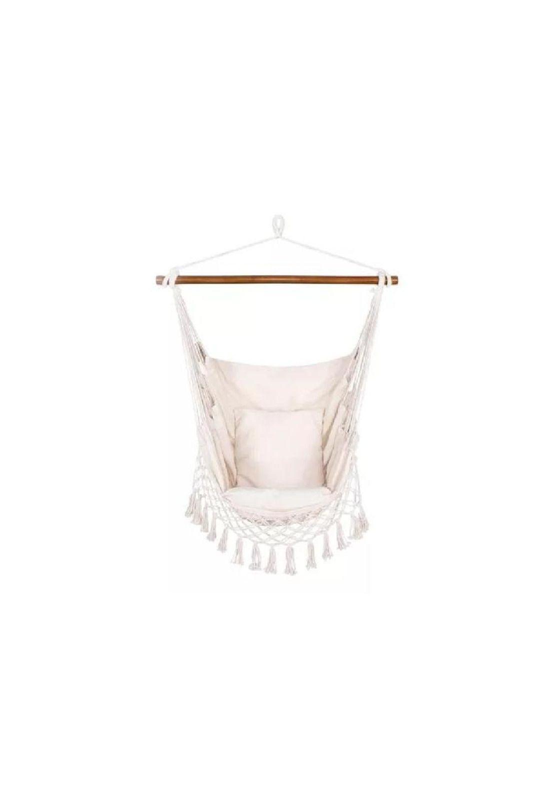 Silla hamaca colgante con soporte de madera y cojines blancos-0