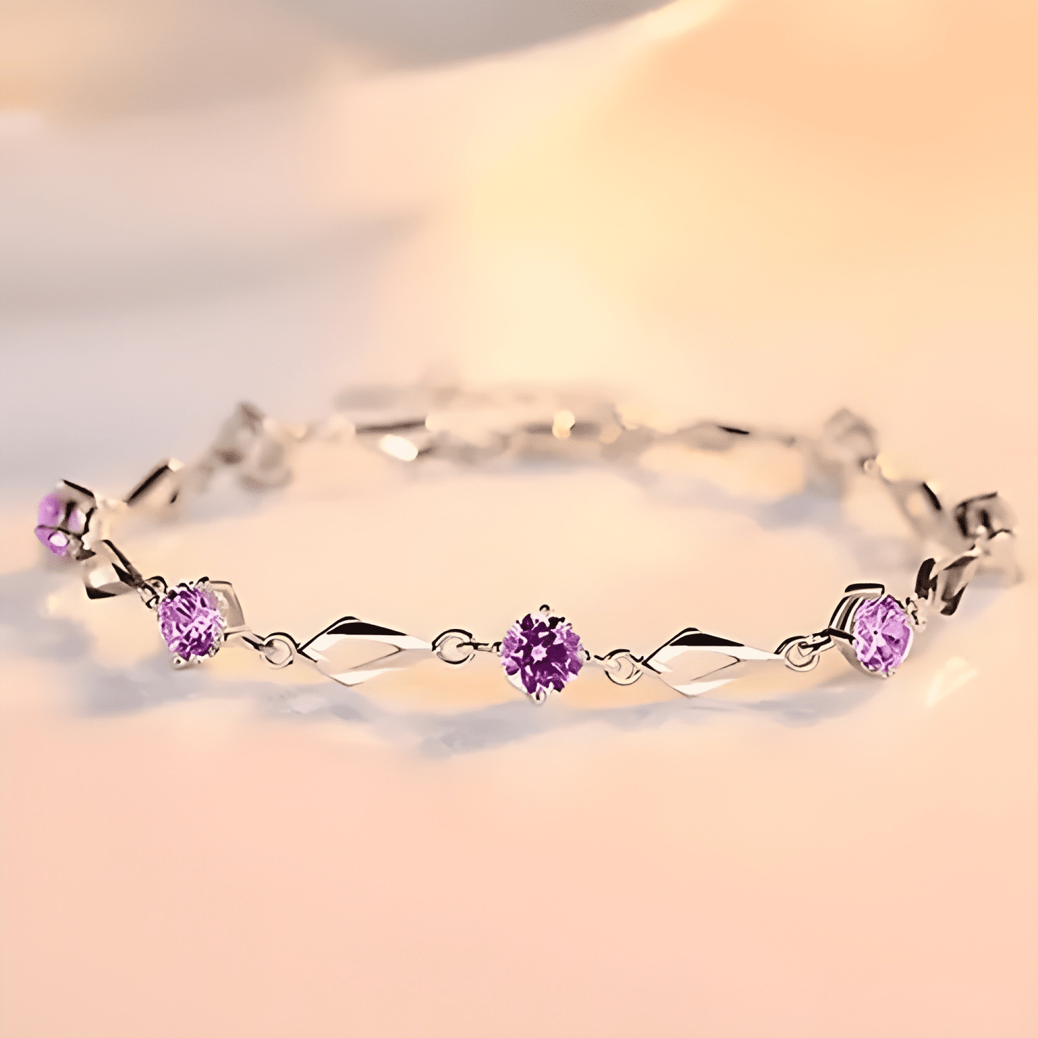 Pulsera de plata fina 925 amatista +caja redonda Lila #9-2