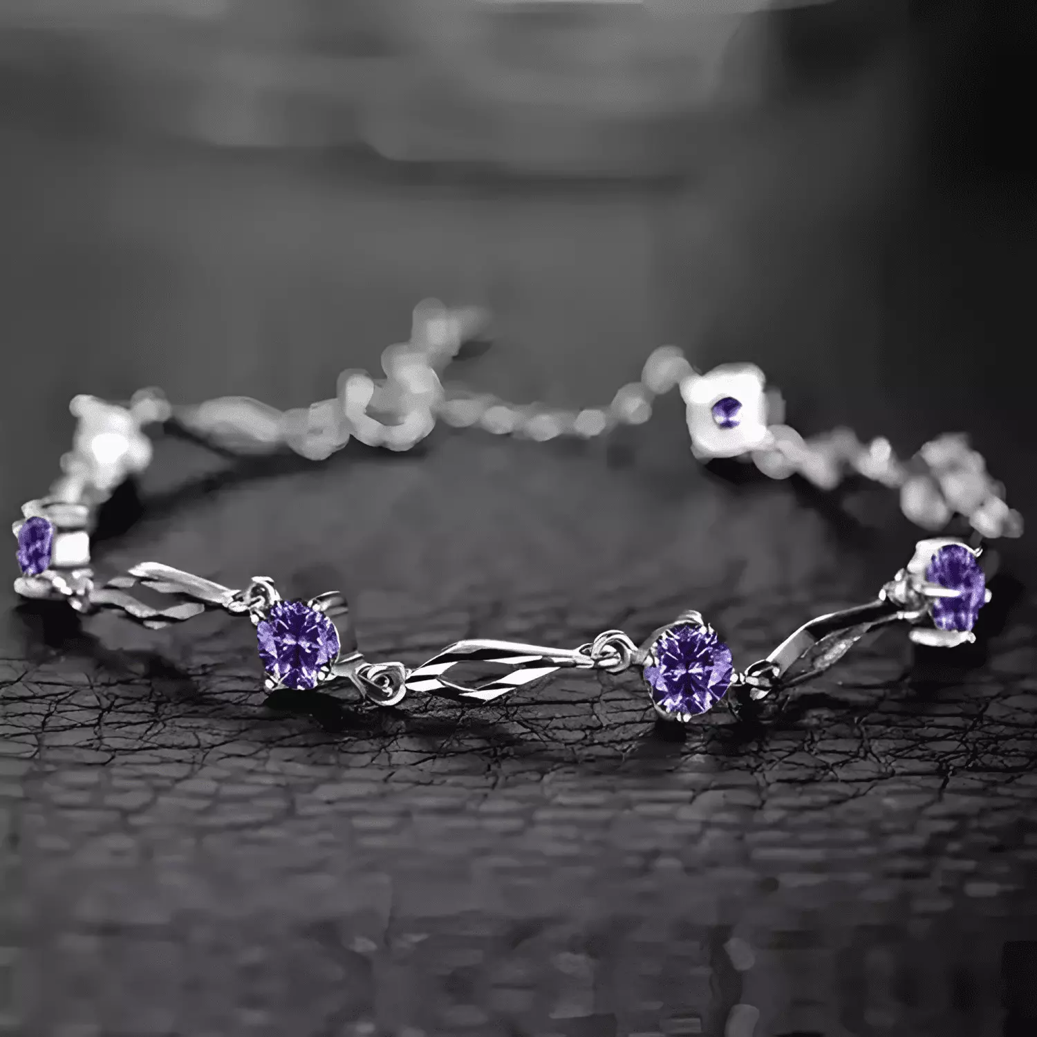 Pulsera de plata fina 925 amatista +caja redonda Lila #9-4