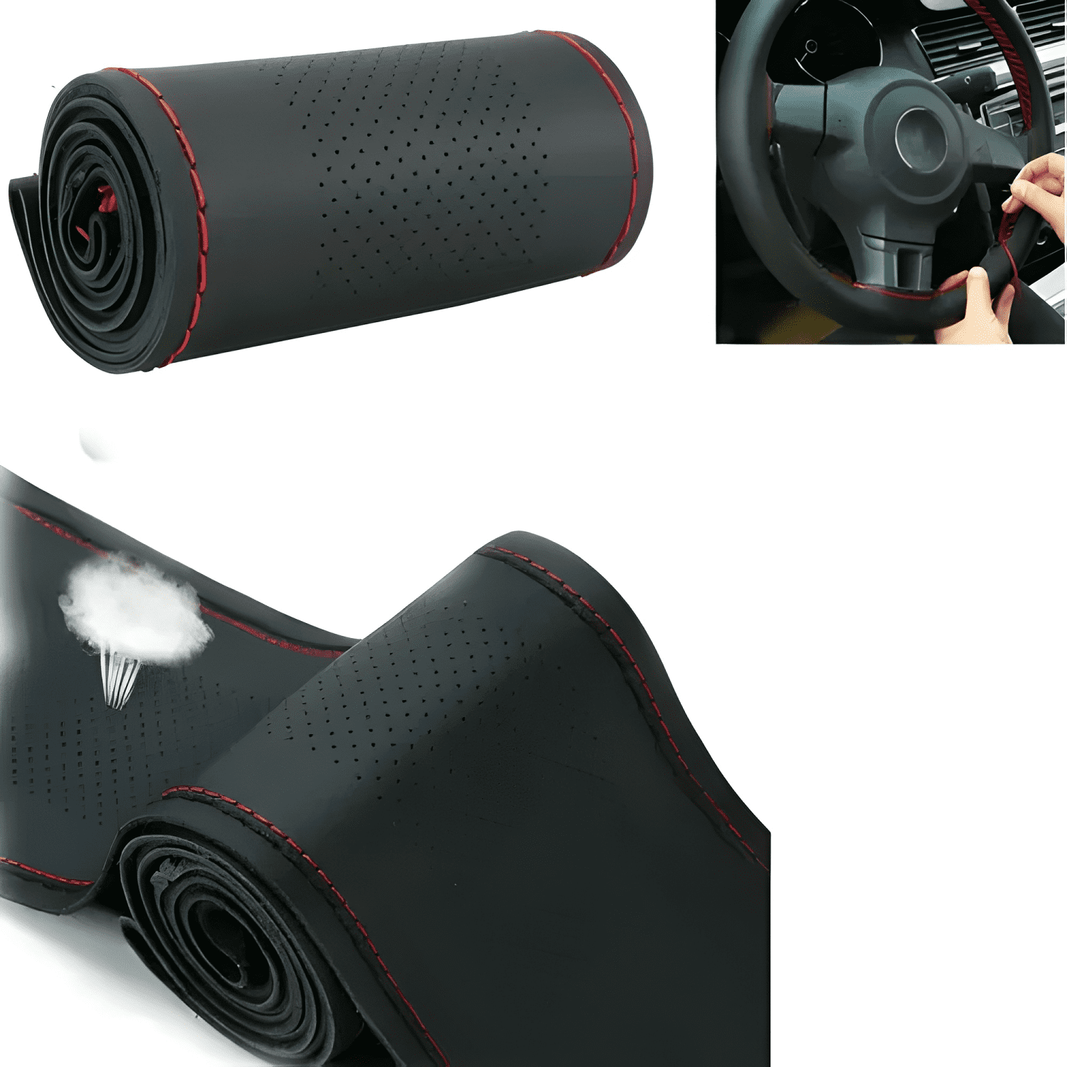 Funda Cubre Volante Cosido /rojo para Auto+hilo+aguja Negro-1