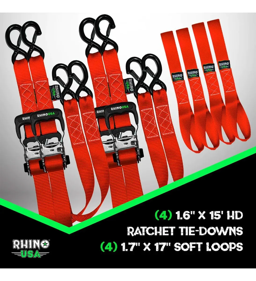 Pack X 4 Correas De Amarre Hd 4 Cm X 457 Cm Rhino Usa Rojo-0
