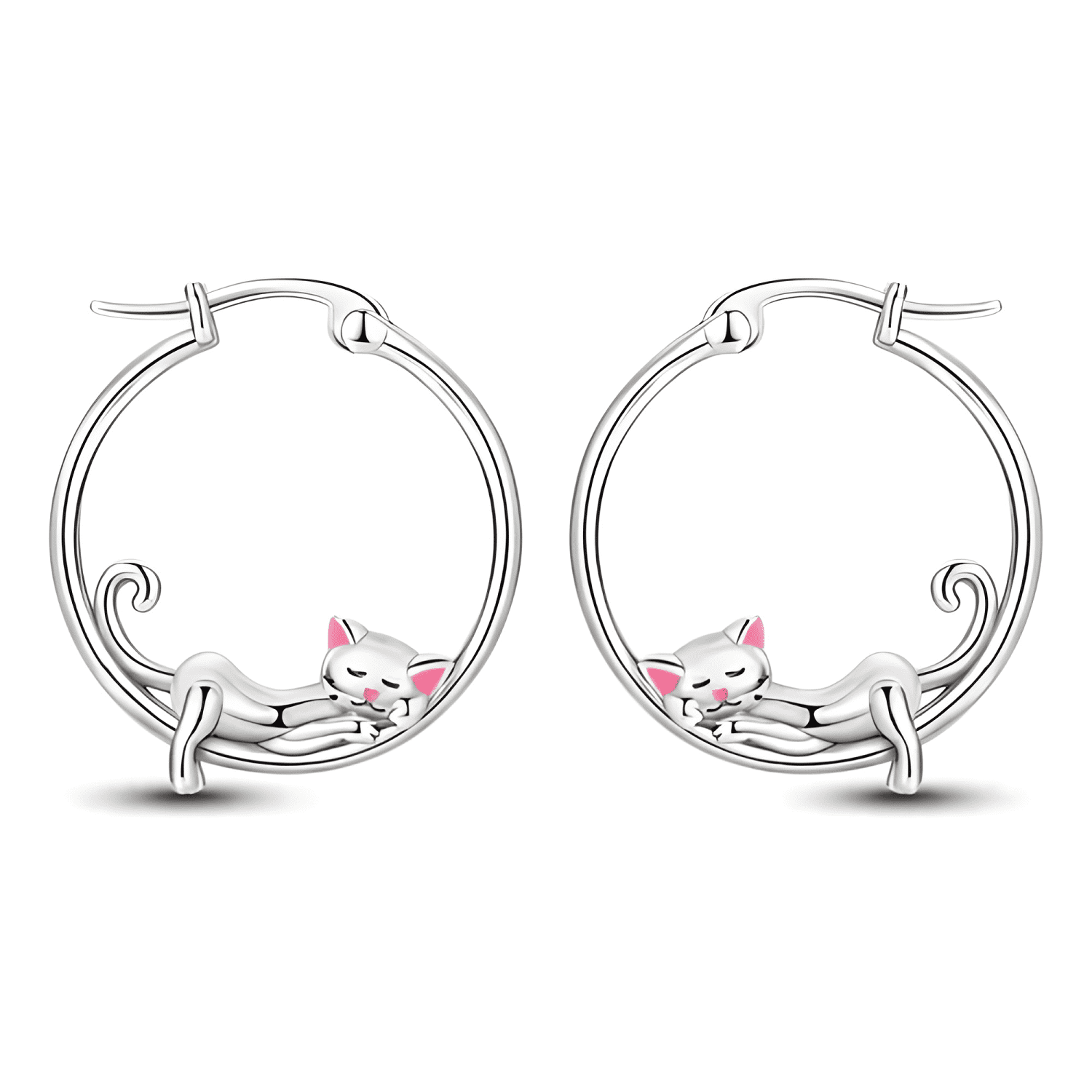 Aros Argolla Moda Plata 925 Pendientes Mujer Gatito Kawaii-0