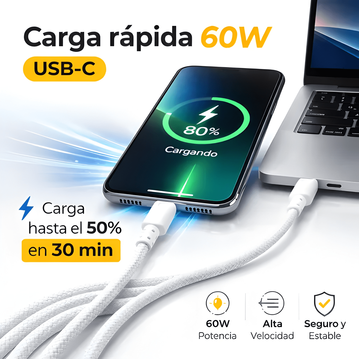 Cable USB c a USB c 2 m 60w carga rápida PD nylon trenzado-1