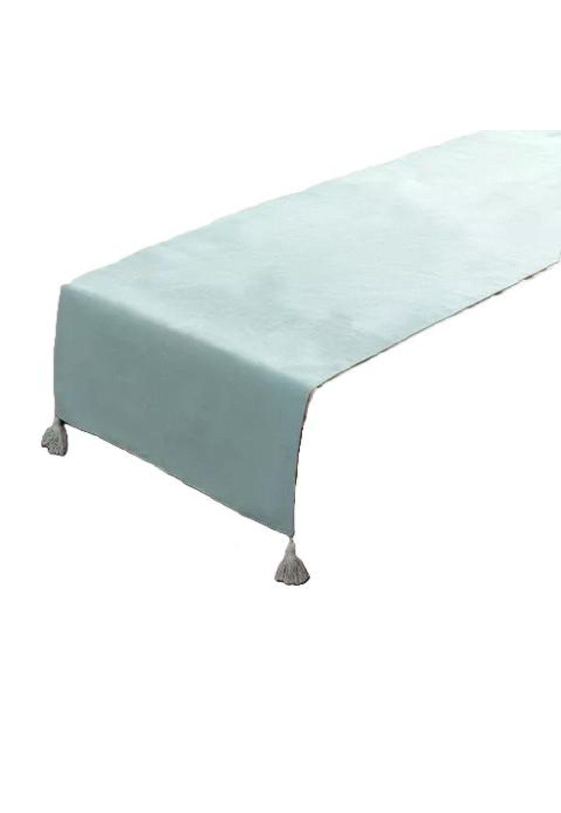 Piecera para cama 2 plaza - king en lino pompones 70x210 cm color agua-0