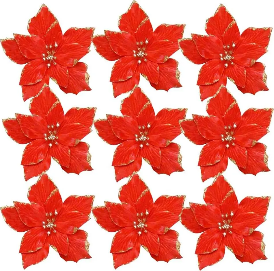 10pcs Flores Navideñas Adorno Navidad Árbol Con Clip Rojo-0