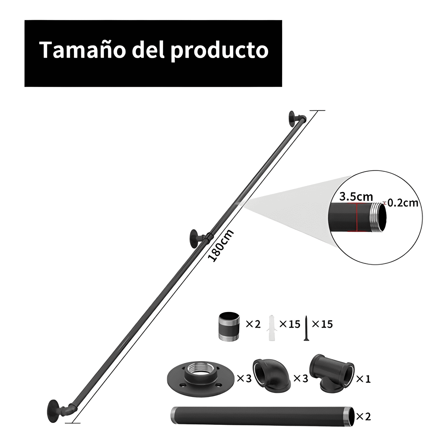 Pasamanos de tubo escaleras 1,8 m con tornillo, negro #3-1