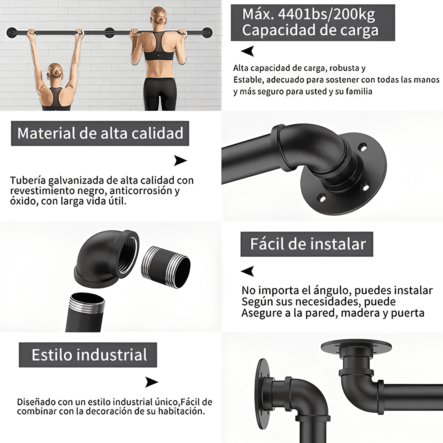 Pasamanos de tubo escaleras 1,8 m con tornillo, negro #3-4