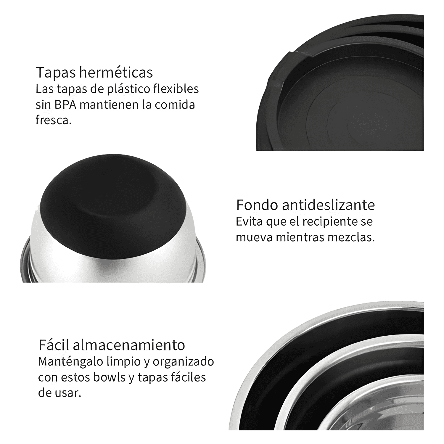 3 bowls con tapa acero inoxidable antideslizante Negro-3
