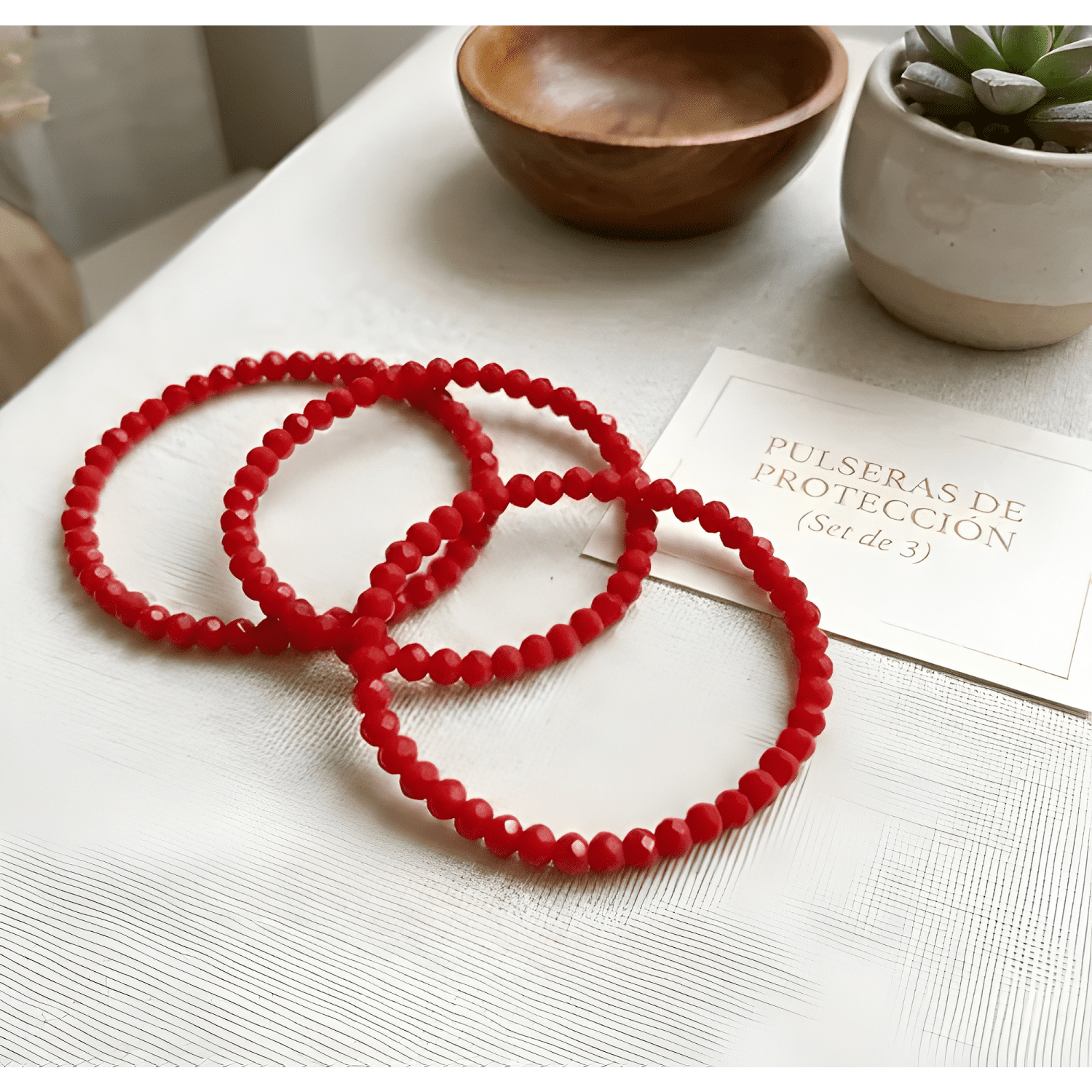 Pack 3 pulseras elásticas cristales rojos protección mujer-2