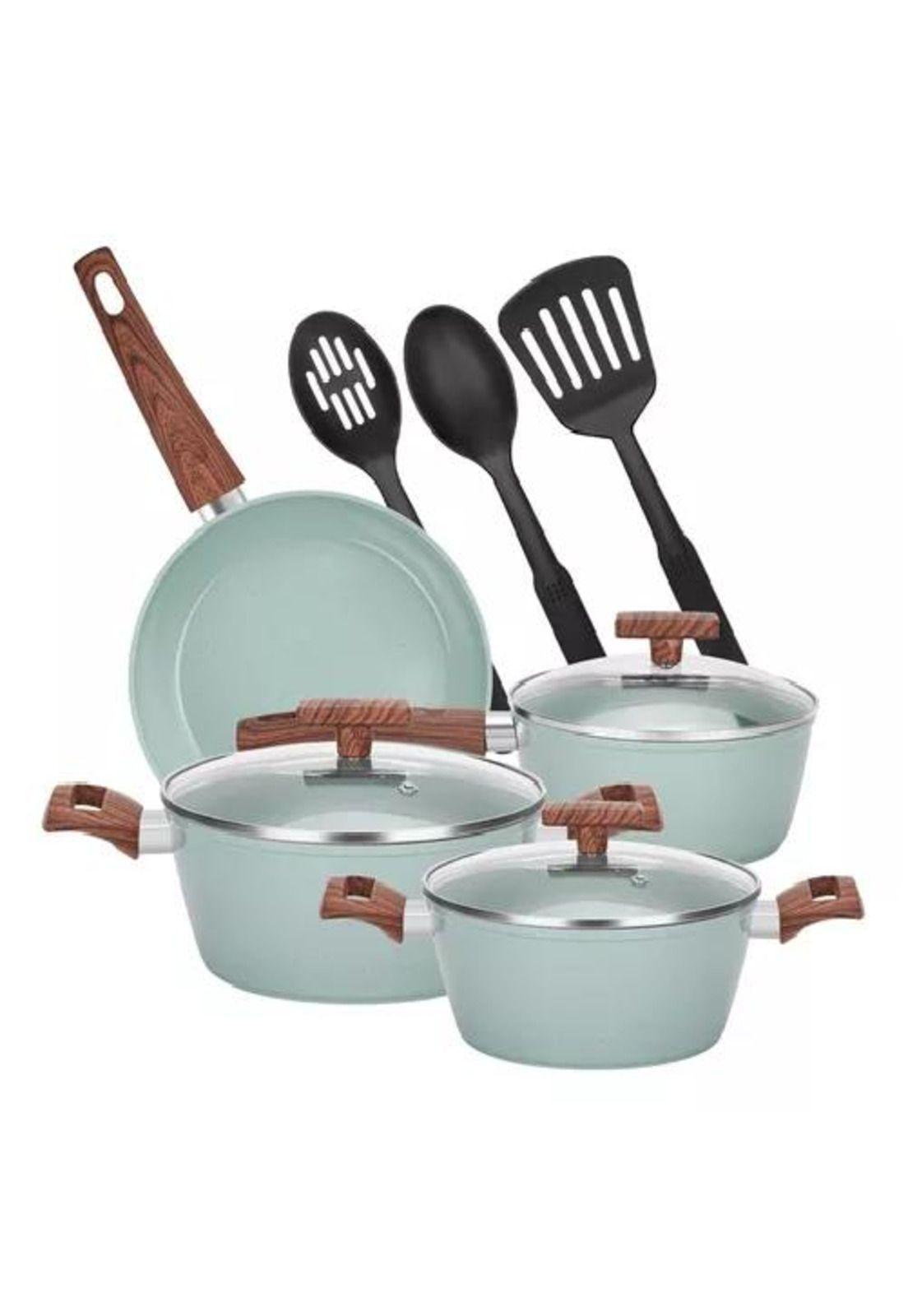 Batería de Cocina - 10 Piezas, Antiadherente, Granito, Menaje, Color Verde Claro-1