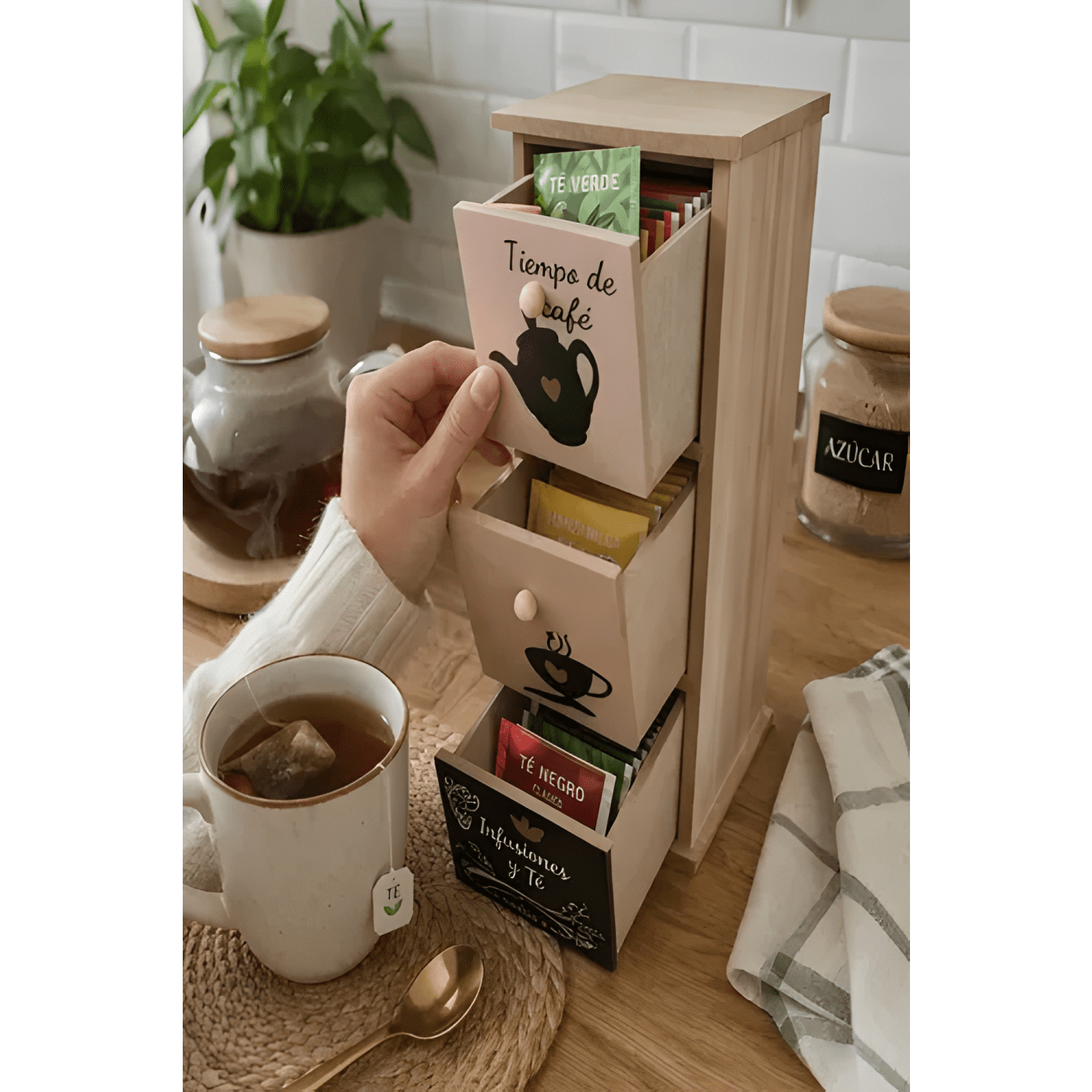 Caja de madera para té y café organizador 3 cajones hogar #7-1