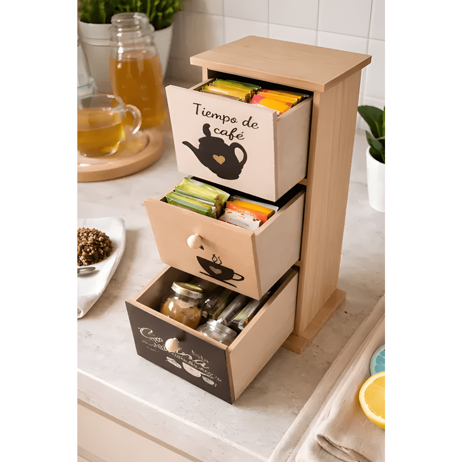 Caja de madera para té y café organizador 3 cajones hogar #7-2