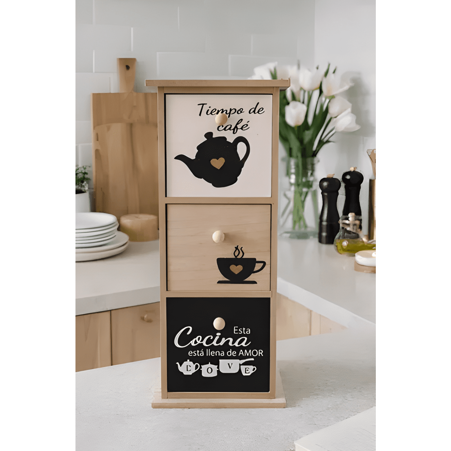 Caja de madera para té y café organizador 3 cajones hogar #7-4