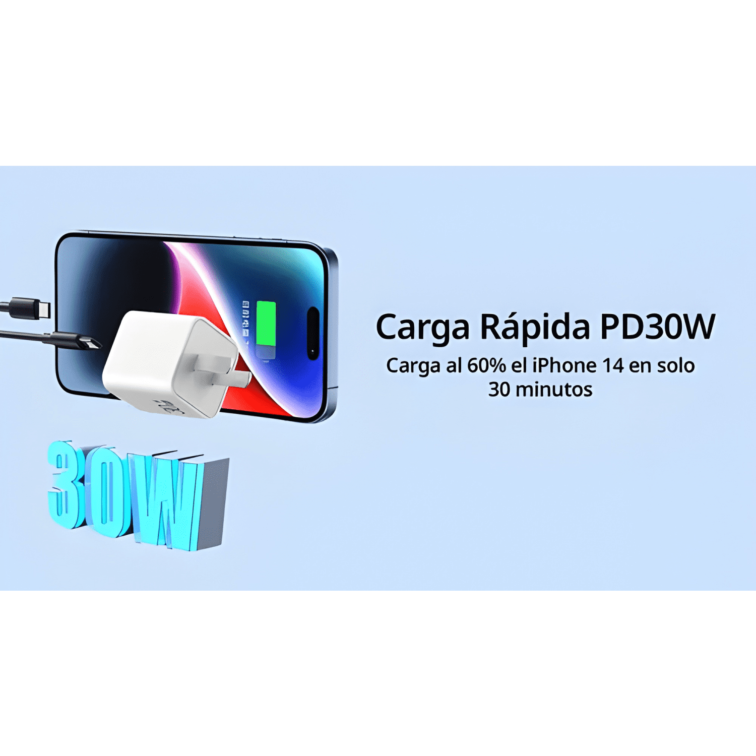Cable para lightning 30w para iphone 8 a 14 largo 1 Blanco-2